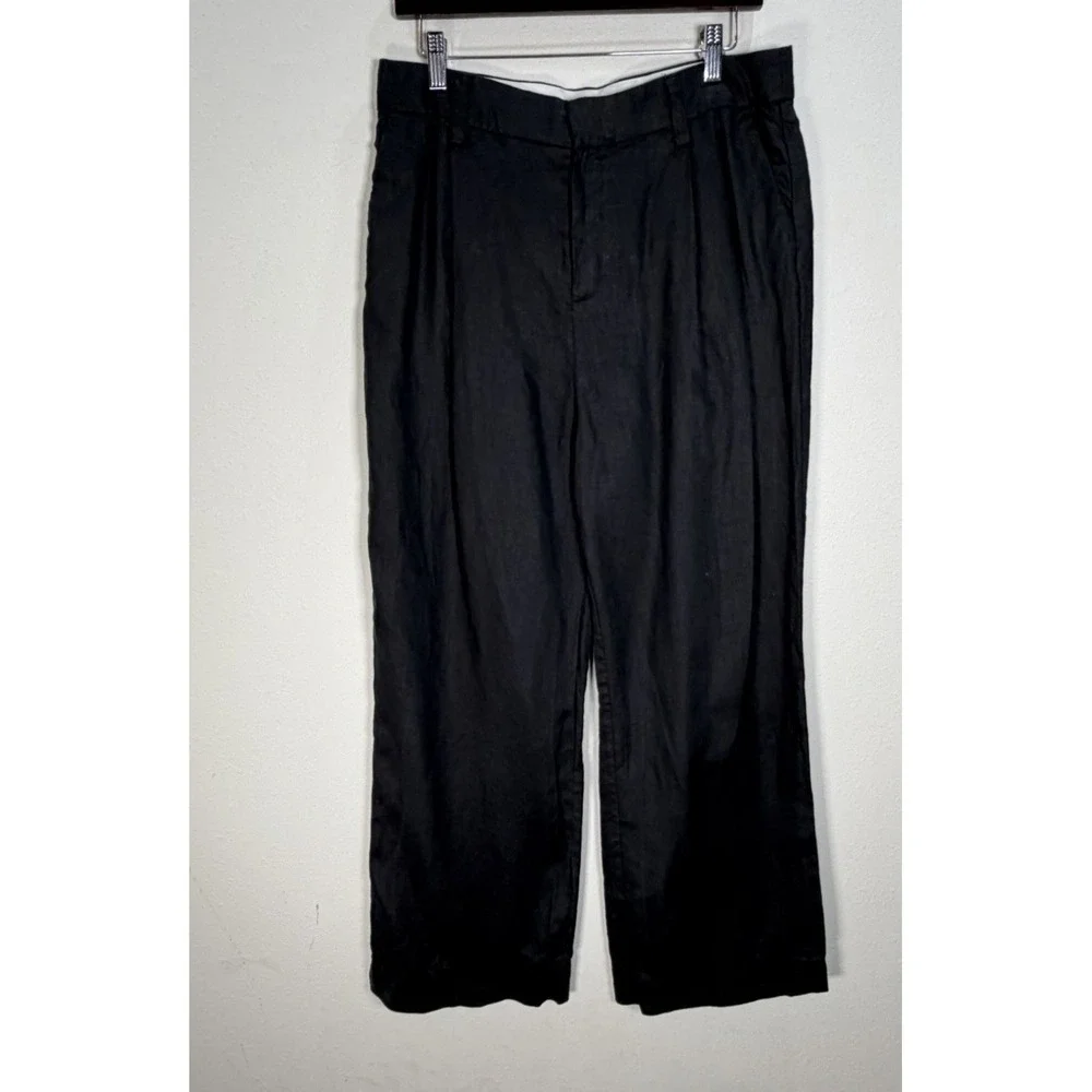 REFORMATION Trouser Pant 100% Linen Women's 10 Petite Black Wide Leg Chic Modern